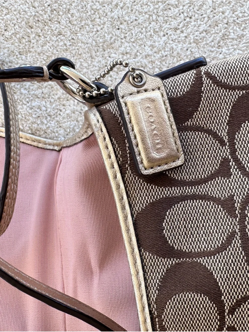 Coach Brown Signature Canvas Crossbody with Metallic Gold Buckle